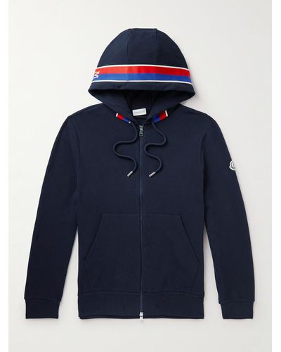 Moncler Webbing-trimmed Stretch-cotton Jersey Zip-up Hoodie - Blue