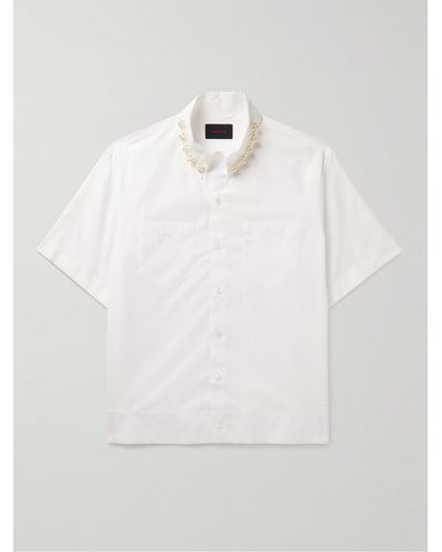Simone Rocha Faux Pearl-embellished Logo-print Cotton-poplin Shirt - Natural