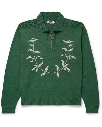 Bode Floret Embroidered Wool Half-zip Sweater - Green