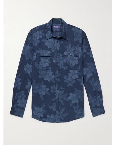 Ralph Lauren Purple Label Slim-fit Floral-print Cotton And Linen-blend Shirt - Blue