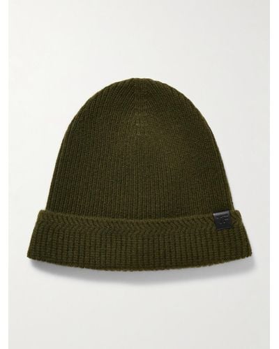 Tom Ford Leather-trimmed Ribbed Wool And Cashmere-blend Beanie - Green