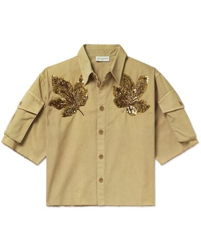 Dries Van Noten Embellished Cropped Frayed Cotton-gabardine Shirt - Metallic