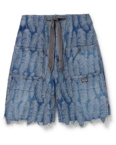 Kapital Magpie Straight-leg Frayed Denim-jacquard Drawstring Shorts - Blue