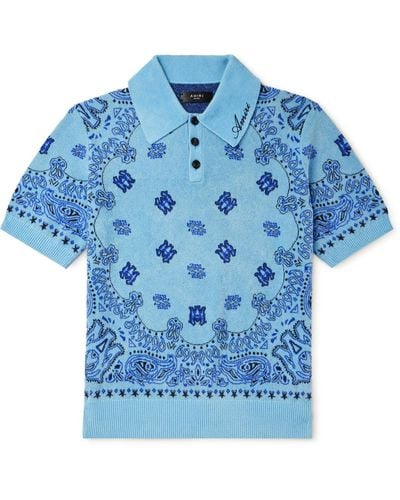 Amiri Logo-embroidered Paisley-jacquard Fleece Polo Shirt - Blue