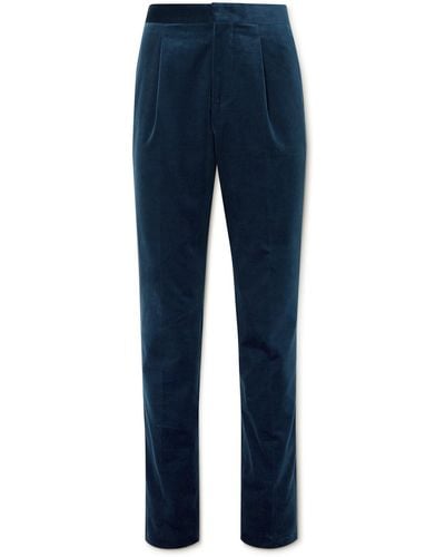Brunello Cucinelli Slim-fit Satin-trimmed Cotton-velvet Tuxedo Pants - Blue