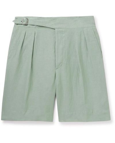 Ralph Lauren Purple Label Byron Straight-leg Pleated Silk And Linen-blend Shorts - Green