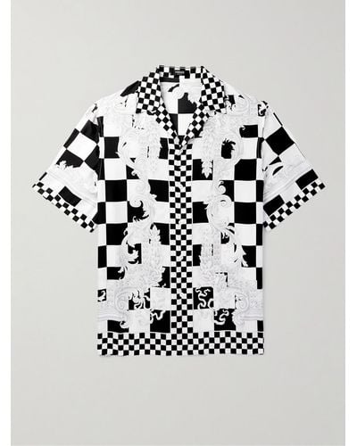 Versace Camicia in twill di seta stampato a quadri con colletto aperto - Bianco