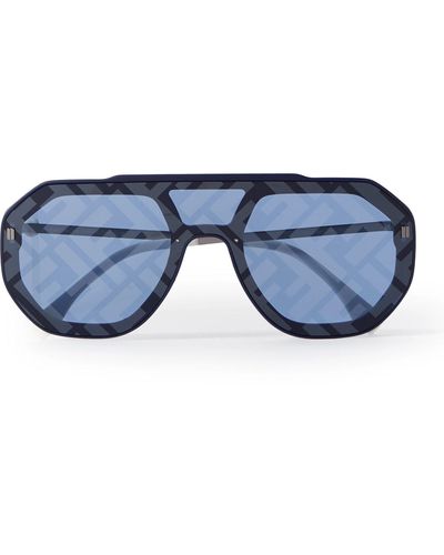 Fendi Aviator-style Logo-print Silver-tone And Acetate Sunglasses - Blue