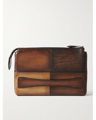 Berluti Tersio Scritto Panelled Venezia Leather Pouch - Brown