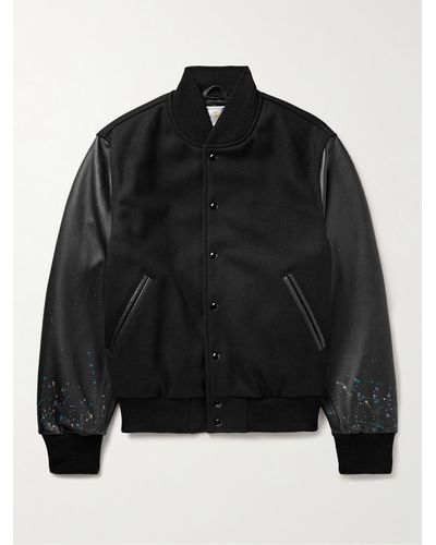Golden Bear The Albany Wool-blend And Paint-splattered Leather Bomber Jacket - Black