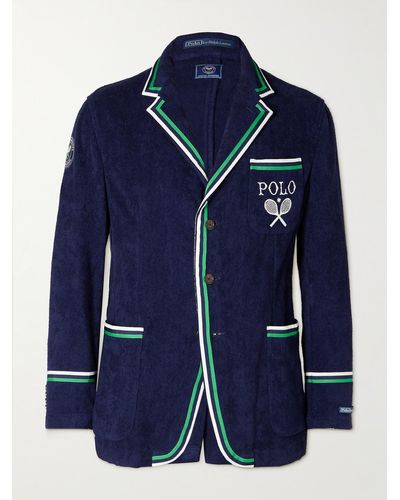 Polo Ralph Lauren Wimbledon Appliquéd Logo-embroidered Wool And Linen-blend Terry Blazer - Blue