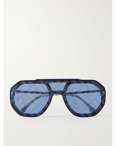 Fendi Aviator-style Logo-print Silver-tone And Acetate Sunglasses - Blue