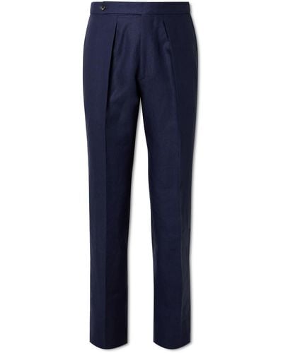 Drake's Straight-leg Pleated Linen Suit Pants - Blue