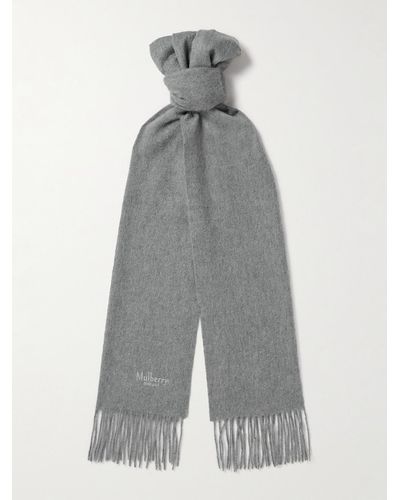 Mulberry Fringed Logo-embroidered Cashmere Scarf - Grey