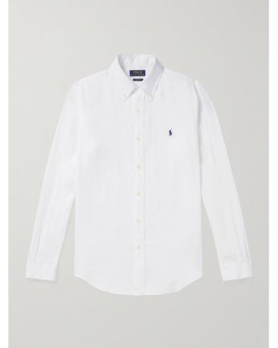 Polo Ralph Lauren Button-Down Collar Logo-Embroidered Linen Shirt - Bianco