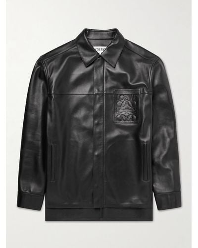 Loewe Logo-embossed Distressed Leather Jacket - Black