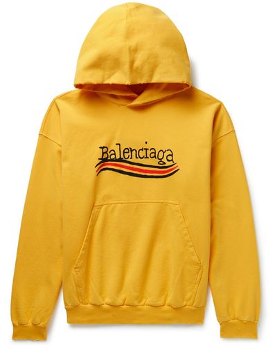Balenciaga Distressed Logo-print Cotton-jersey Hoodie - Yellow
