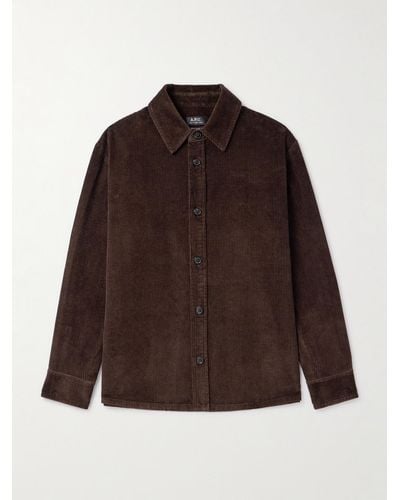 A.P.C. Logo-embroidered Cotton And Linen-blend Corduroy Overshirt - Brown