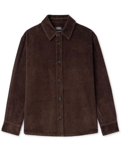 A.P.C. Logo-embroidered Cotton And Linen-blend Corduroy Overshirt - Brown