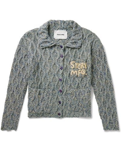 STORY mfg. Grandad Embroidered Cable-knit Organic Cotton Cardigan - Gray