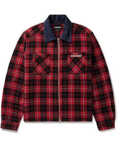 CHERRY LA Chambray-trimmed Logo-embroidered Checked Cotton-flannel Shirt Jacket