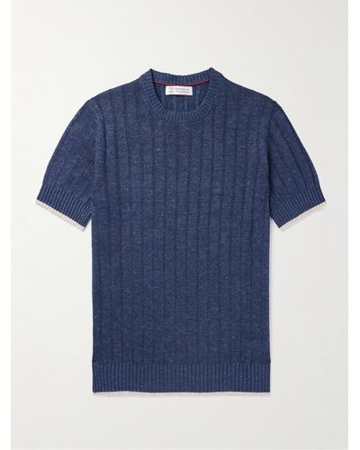 Brunello Cucinelli T-shirt in misto lino e cotone con bordo a contrasto - Blu