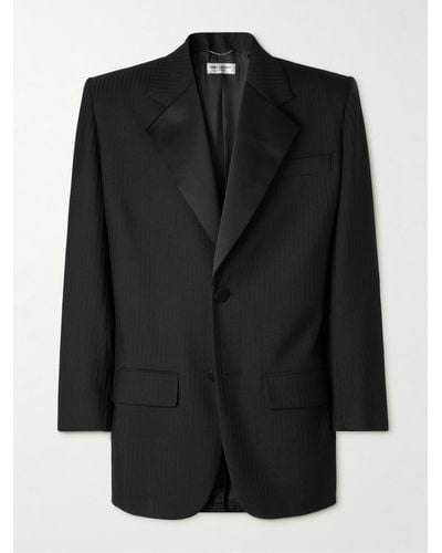 Saint Laurent Grosgrain-trimmed Pinstriped Wool Tuxedo Jacket - Black