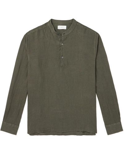 MR P. Mandarin-collar Garment-dyed Half-placket Linen Shirt - Green