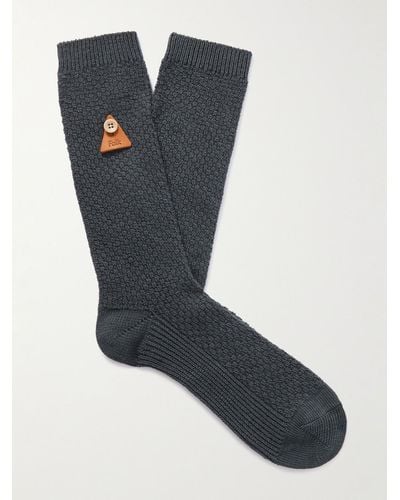 Folk Socken aus einer Baumwollmischung in Waffelstrick mit Lederbesatz - Schwarz