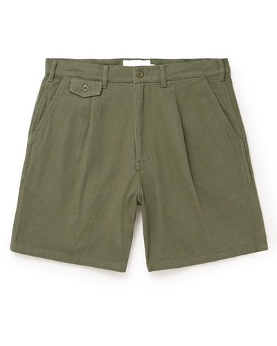 General Admission Straight-leg Pleated Herringbone Cotton Shorts - Green