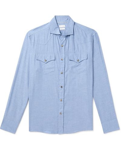 Brunello Cucinelli Cutaway-collar Cotton-chambray Western Shirt - Blue