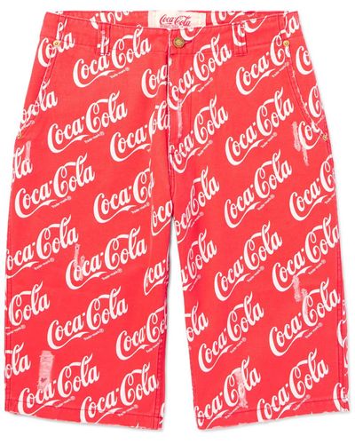 ERL Coca-cola Straight-leg Distressed Printed Cotton-canvas Shorts - Red