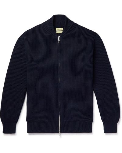De Bonne Facture Ribbed Organic Cotton Zip-up Sweater - Blue