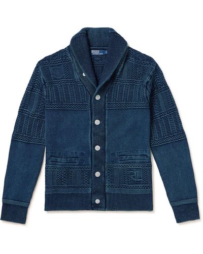 Polo Ralph Lauren Shawl-collar Paneled Cable-knit Cotton Cardigan - Blue