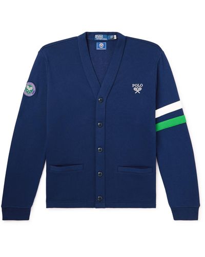 Polo Ralph Lauren Wimbledon Logo-embroidered Appliquéd Cotton-blend Cardigan - Blue