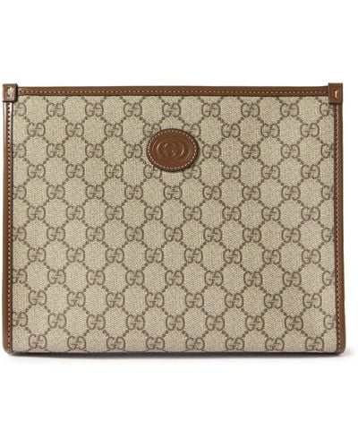 Gucci Leather-trimmed Monogrammed Coated-canvas Pouch - Brown
