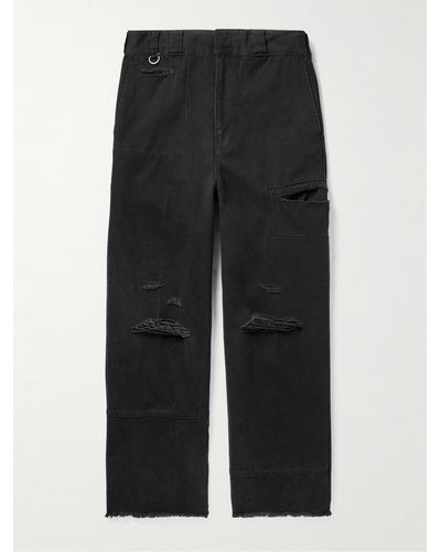 Undercover Straight-leg Cropped Distressed Cotton-drill Trousers - Black