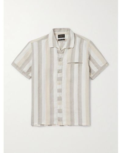 Beams Plus Gestreiftes Hemd aus Leinen mit Fischgratmuster - Weiß