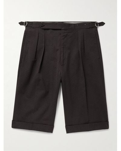 De Petrillo Slim-fit Pleated Cotton-blend Seersucker Shorts - Black