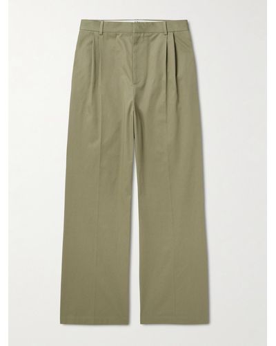 Loewe Wide-leg Pleated Logo-embroidered Cotton-twill Pants - Green