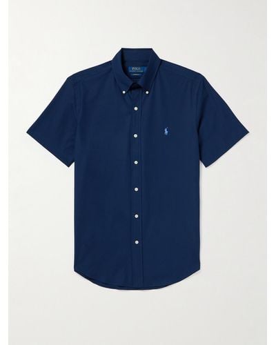 Polo Ralph Lauren Slim-fit Button-down Collar Logo-embroidered Cotton-blend Poplin Shirt - Blue