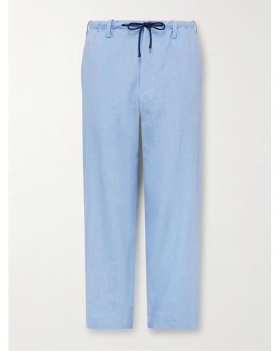 Dries Van Noten Straight-leg Linen-blend Drawstring Pants - Blue