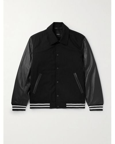 Theory Striped Wool-blend And Leather Varsity Jacket - Black