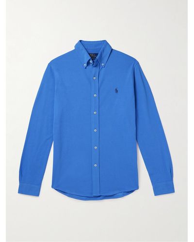 Polo Ralph Lauren Hemd aus Baumwoll-Mesh mit Button-Down-Kragen und Logostickerei - Blau