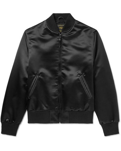 Golden Bear Sukajan Leather-trimmed Satin Bomber Jacket - Black