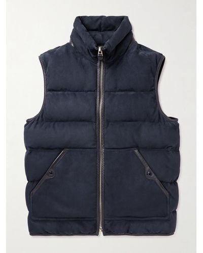 Tom Ford Quilted Leather-trimmed Suede Down Gilet - Blue