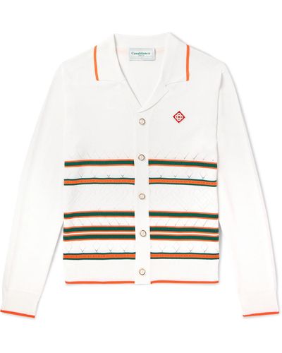 Casablancabrand Camp-collar Logo-appliquéd Striped Pointelle-knit Cardigan - White