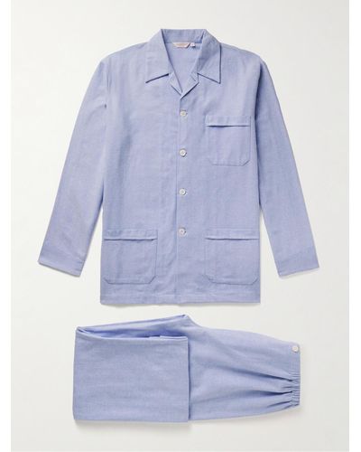 Derek Rose Arran 24 Pyjama aus gebürsteter Baumwolle mit Fischgratmuster - Blau