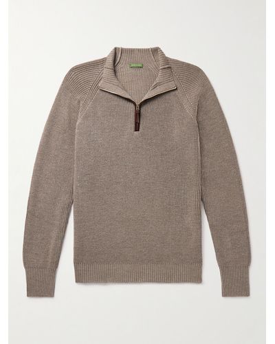Sid Mashburn Slim-fit Suede-trimmed Merino Wool Half-zip Sweater - Grey