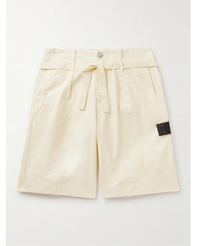 Stone Island Shadow Project Straight-leg Belted Cotton-blend Seersucker Shorts - Natural